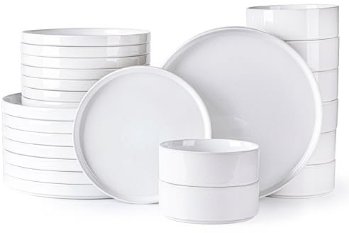 GBHOME White Dinnerware Set for 8 People, 24-Piece Stoneware Set with Speckled Design & Glazed Base, Scratch Resistant & Chip Resistant, Dishwasher & Microwave Safe, White