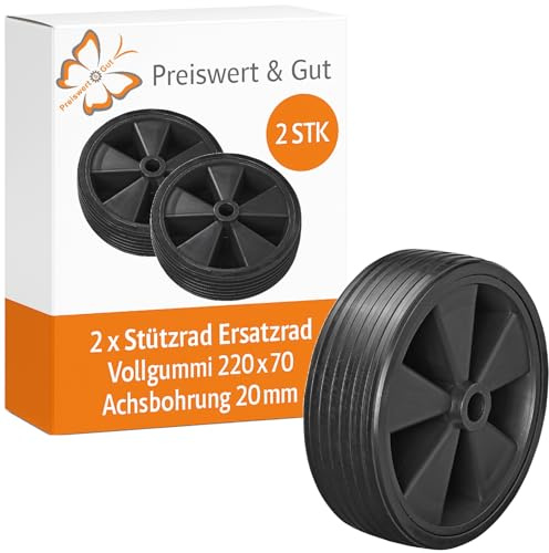 2 STK Ersatzrad Stützrad Anhänger Vollgummi 215 mm mit 20 mm Achse | Robuste Kunststofffelge für Wohnwagen und PKW-Anhänger, 65 mm Breite, 90 mm Nabenlänge, ohne Spezialwerkzeug