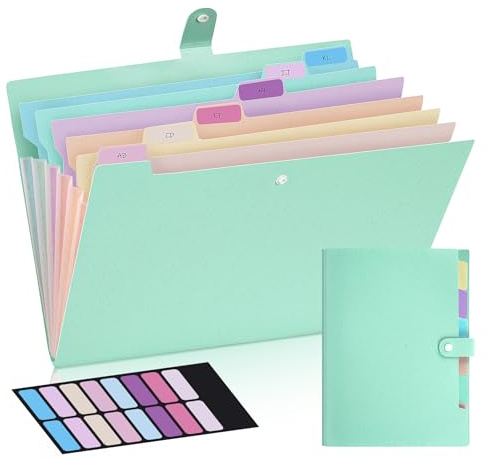 NOTEZMATE Fächermappe A4 7 Fächer, Weizenstroh Akkordeon Ordnungsmappe mit Index Tabs und Farbigen Innenseiten, Mappen Ordnersystem für Büro Schule Zuhause Dokumenten Organizer, Mintgrün