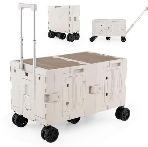 COSTWAY Bollerwagen faltbar, Handwagen mit Tischplatte, 2 Aufbewahrungskisten, verstellbarem Griff & Getränkehaltern, 150 L, Gartenwagen bis 60 kg belastbar, Transportwagen für Camping (Weiß)
