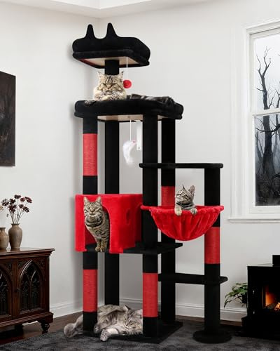 Globlazer Kratzbaum Stabil mit Mehrere Liegebereich für 2/3 Katzen F65B | Eckkratzbaum grosse katzen stabil mit Katzenhaus Plattform, Einfach zu montieren Katzenbaum für Groß Katzen Innenbereich