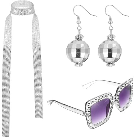 Abeillo 3 Stück 70er Jahre Disco Accessoires, Glitzer Pailletten Schal, Sonnenbrille und Discokugel Ohrringe, Retro Disco Kostüm Damen, 70er Jahre Outfits Damen für Fasching Karneval Kostüm
