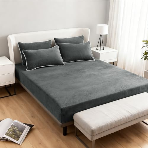 LOMUG Sábana bajera ajustable de invierno de 180 x 200 cm, color antracita, de felpa, mullida, de tacto de cachemira, de punto, de forro polar, para cama con somier, cubrecolchón con goma elástica