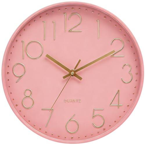 LENAUQ Silent Wall Clock, 12 Inch Battery Operated Non-ticking Arabic Numeral Clock, Round Decorative Clock for Home Kitchen Cafe Hotel Office Decor, Pink