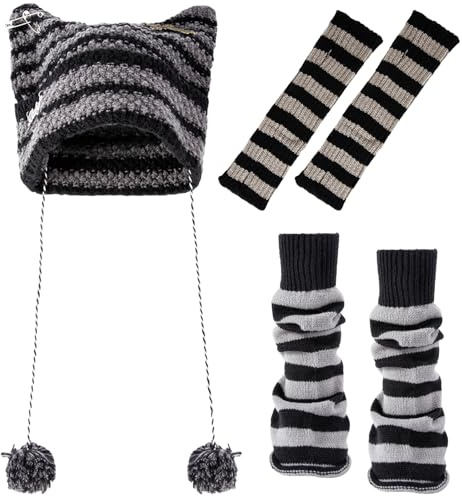 TJHDSF 3 Stück Katzenmütze,Mütze mit Ohren,Y2K Mütze,Gestreifte Mützes,Gestreifte Strickmütze Fairy Grunge,Häkeln Katze Beanie Frauen,Slouchy Beanies Mützes mit Lange Handschuhe Socken für Frauen