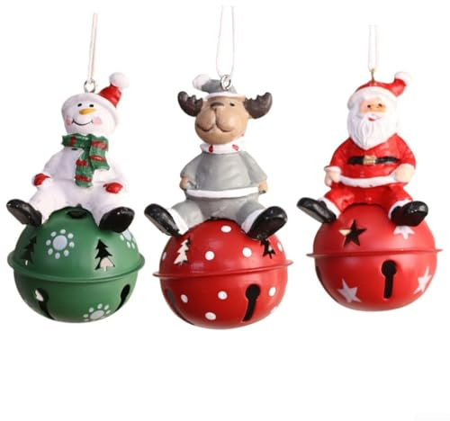 Weihnachtsglocken-Ornamente, 3er-Set Eisenfiguren inklusive Weihnachtsmann, Schneemann und Rentier für Baum und Kamin, mit fröhlichem Schellen