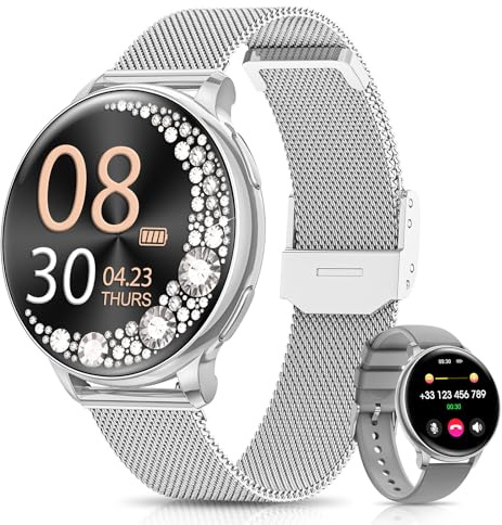 RUXINGX Smartwatch Damen, 1.27 Smart Watch Rund mit Telefonfunktion, 24H SpO2 Pulsuhr, Fitnessuhr mit Schlafmonitor, 126 Sportmodi Schrittzähler IP68 für iOS Android, Geschenk Uhren für Frauen Silber