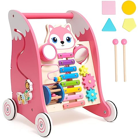 Gåvagn i trä med Montessori-leksak, baby walker med gummidäck, lärohjälp med formsortering, kugghjul, speglar, xylofon och trummor från 9 månader, rosa
