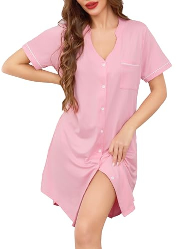 Wikoan Chemise de Nuit Femme Coton Chemises de Nuit avec Boutonnée Devant Nuisette Manches Courtes Été Col en V Loungewear Tee Shirt Sexy Femme S-XXL