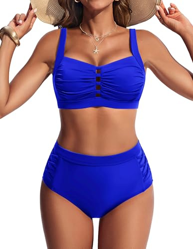 Hanna Nikole Bikini Damen Set, Hohe Taille Bauchweg Badeanzug, Push Up Zweiteiler Bademode, Brust Ausschneiden Sexy Bikinis, Plissierte Elegante Strandmode, Schwimmanzug mit verstellbaren, gekreuzten