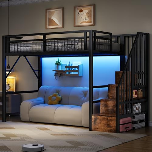 Merax Hochbett 90x200 cm aus Metall, Loftbett mit Treppenregal & LED-Beleuchtung, Stabiles Kinderhochbett & Jugendbett mit Rausfallschutz, Viel Stauraum, Bettgestell im Industrial-Design, Schwarz