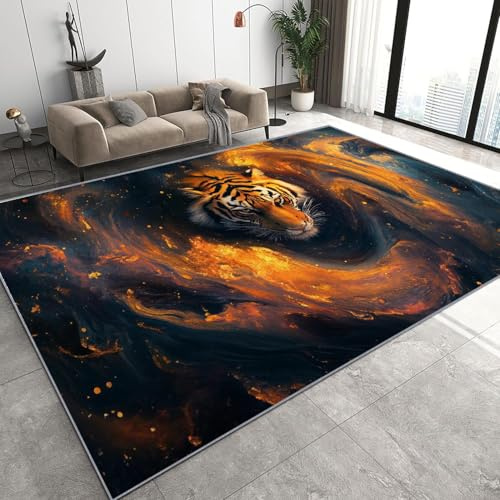 Generisch Tiger Flammen Diele Teppich 60 x 110 cm 3D Wilde Tiere Waschbarer Teppich Kurzflor Antirutsch Bettvorleger für Diele, Schlafzimmer, Küche C-232
