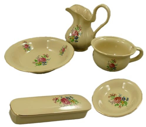 Altes Waschset aus Keramik mit rosa Blumenmuster Vintage Krug, Waschschüssel, Nachttopf, Seifenschale, und Kammschale