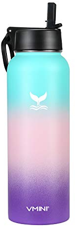 Vmini Water Bottle with Straw, Wide Rotating Handle Straw Lid, Wide Mouth Double Walled Vacuum Insulated Stainless Steel Water Bottle, Gradient Mint+Pink+Purple, 40 oz