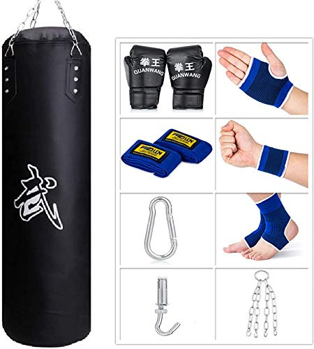 Sfeexun Boxsack Hängend 120cm - Set für Kinder, Erwachsene, Jugendliche - Sandsack Boxen Schwarz Mit Handschuhen, Kette, Deckenhaken für Muay Thai MMA UFC (Nicht Gefüllt)