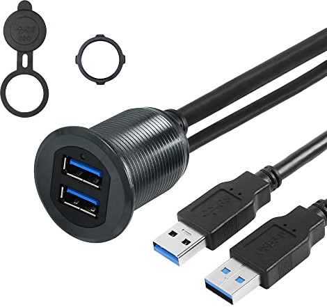 SinLoon 3FT Dual USB 3.0 Unterputzkabel 2 Ports Stecker auf Buchse Rundmontage Verlängerungskabel mit Licht für Auto LKW Boot Motorrad Armaturenbrett