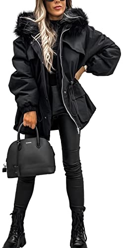 amropi Damen Jacke Winterparka Mantel Kunstfell Winter Warm Gefüttert Parka Schwarz,M