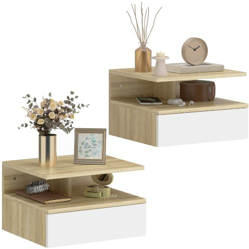 HOMCOM Lot de 2 Tables de Chevet Murales Moderne 35x32 x22,5cm Blanc Chêne | Tables de Chevet Suspendues, Tiroir Coulissant, Compartiment Ouvert, Plateau, pour Chambre à Coucher