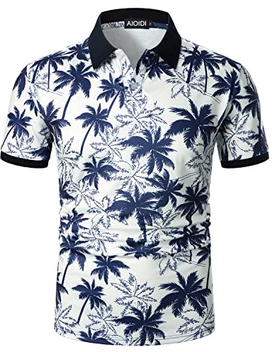 AIOIDI Kortärmad Hawaii polo för män och kokosnötstryck semester T-shirt, Färg: blå, M