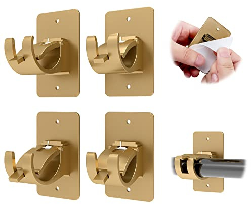 CIEMGNZOC 4PCS No Drill Curtain Rod Brackets, Gold Plastic, Self-Adhesive & Screw Mount, Holds Up To 20 Pounds, Suitable For Rods Up To 1.57 Inch Diameter