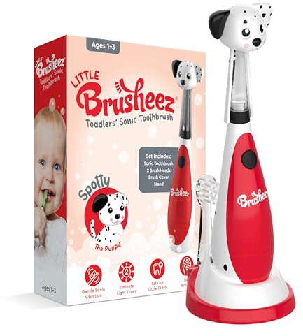 Brusheez Little Toddlers’ Sonic Toothbrush - Safe & Gentle Toothbrush for Ages 1-3 with Built-in, Light-Up 2-Minute Timer, Extra Brush Head, & Storage Base for First-Time Brushers (Spotty the Puppy)