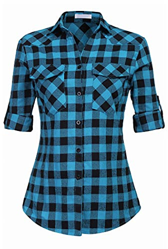 Zeagoo Chemise à carreaux pour femme avec boutonnière courte/manches longues Oktoberfest Chemisier à carreaux Tunique en coton Hauts décontractés Col en V Hauts S-3XL