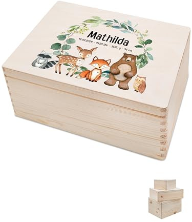 Bärenfreunde - Personalisierte Erinnerungsbox Baby mit Spezial-Druck - Individuelle Baby Erinnerungsbox - Erinnerungskiste aus Holz - Geschenk zur Geburt (M | Klappdeckel,Tiere Lorbeerkreis)