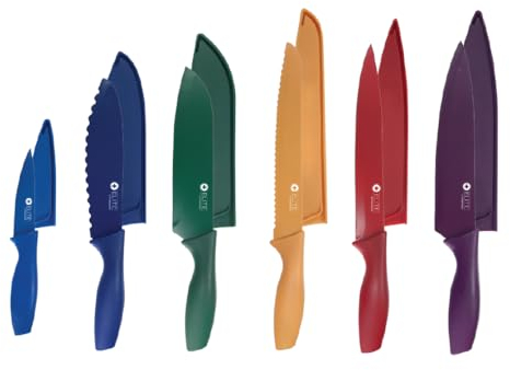 Kimbatex Kitchen Juego de Cuchillos de Cocina de Acero Inoxidable con Revestimiento Cerámico Antibacteriano, 6 Piezas, Hojas Afiladas, Mangos Antideslizantes, Fundas Protectoras