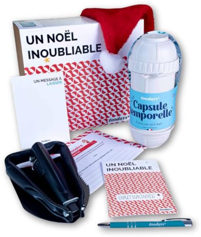 Kit capsule temporelle noël pour conserver les souvenirs – Activité ludique | Étanche et robuste, reliée à l’application toodays.me, localisation, date de réouverture, fabriquée en France