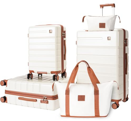 QIMER Luggage Sets 5 Piece Polycarbonate Hard Shell Suitcases Airline Approved, Lightweight Luggage with Spinner Sheels TSA Lock, YKK Zippers, Suitable for Family Beige(20/24/28/DB/TB)