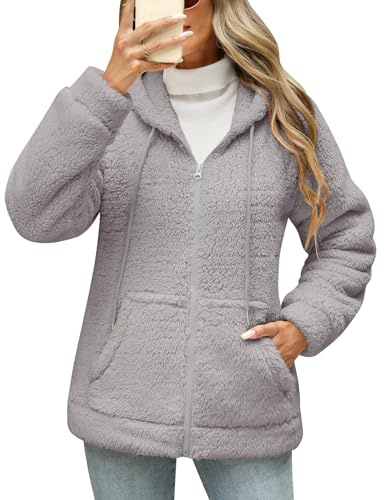 Yuson Girl Sweatshirt med dragkedja fleece med huva teddyjacka sweatshirts vintertröja höst varm termisk huvtröja lättviktig tröja ytterkläder långärmad med huva och fickor, Grå, L