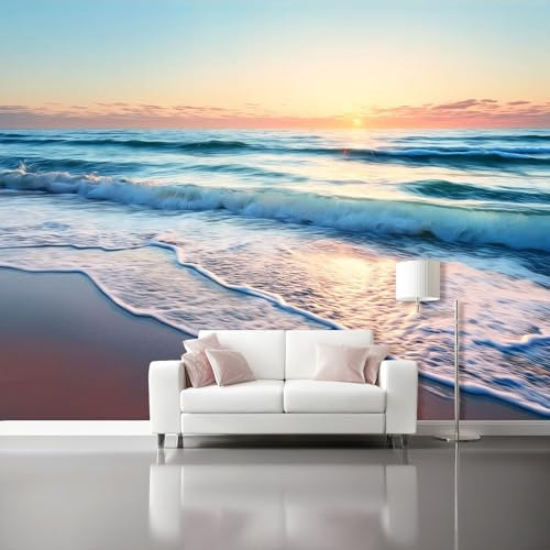 Fotomurales Atardecer Playa Naturaleza Hermosa Papel Tapiz Moderno 400 x 280 cm Papel pintado tejido no tejido coración Pared corativos Sala Living Oficina Dormitorio Naranja Azul