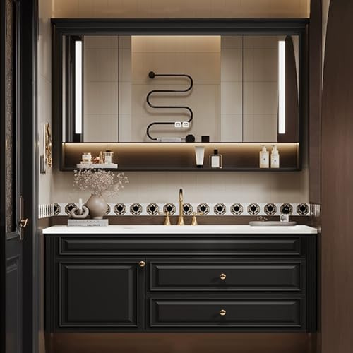 Mueble De Bañoo con Lavabo, Armario De Baño, 2 Cajones, Incluye Gabinete De Espejo De Iluminación LedBlack,110cm/44in