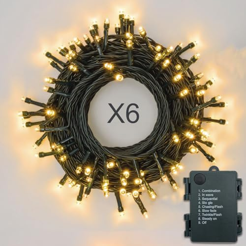 Hopelit 6 Stück Lichterkette Außen Batterie 10m 100LED Warmweiß, Weihnachtsbaum Lichterkette mit Timer 8 Modi, Outdoor Lichterkette Batterie für Innen Garten Partys Weihnachten (Grünes Kabel)