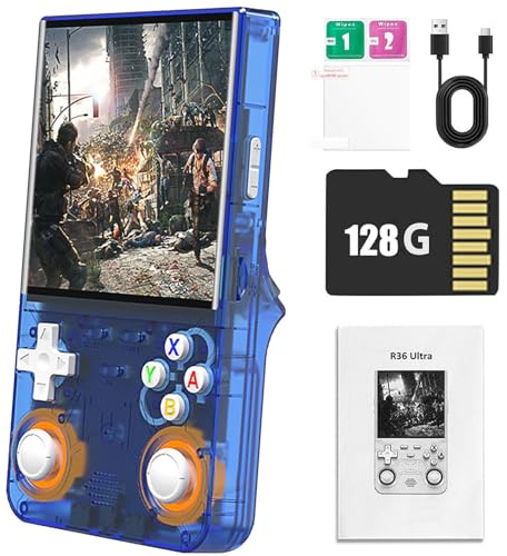 R36 Ultra Retro Handheld Game Console, 4-Inch IPS Screen, With Open Source Linux System, WiFi-Enabled, 3000mAh Battery Wite 21,000 Classic Games Portable Mini Game Console-Blue||128GB