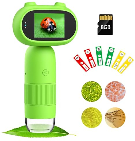 Aikokkl Kids Digital Microscope Camera with 2.0 Screen & 8GB Card – Portable Handheld Science Kit, 500x-1000x Zoom for Outdoor Nature Exploration, Summer Vacation & Road Trip Toys
