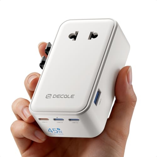 decqle “Air” Universell Reseadapter med 3 USB-C(GaN 45W) ＆ 1 USB-A | Internationell Reseadapter, INGEN Spänningsomvandlare, för Tyskland, USA, England, Australien ＆ 200+ Länder (Vit)