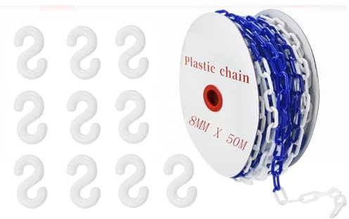 50m Absperrkette Blau Weiß Kunststoff, 8mm Absperrkette Warnkette Absperrung Plastikkette mit 10 S-Haken, Sicherheits-Warnkette aus Kunststoff für die Baustelle, Parkplatz und Auftragspflege