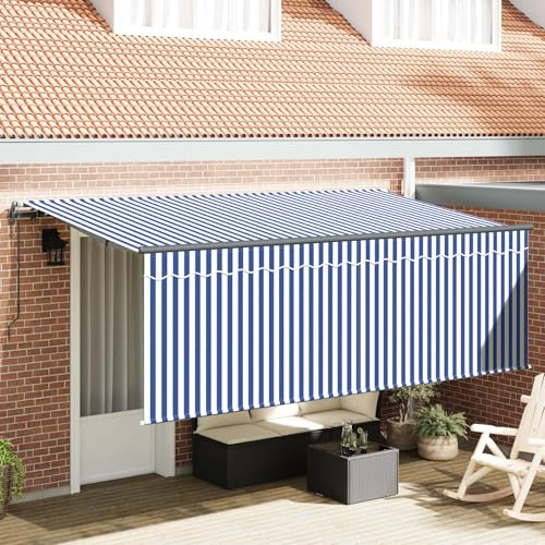 Xuvaracle Auvent rétractable bleu et blanc 350 x 200 cm avec protection solaire UV, auvent de terrasse résistant aux intempéries en polyester et aluminium, bras articulé, store à cassette pour balcon
