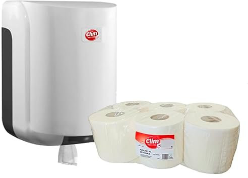 Pack dispensador para Papel secamanos y 6 Rollos Tipo Mecha 100% celulosa. Especial para Bares, restaurantes, Empresas y establecimientos públicos