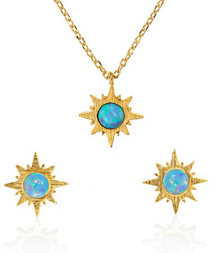 namana Sonnenschein Opal Set Anhänger & Halskette & Ohrstecker für Damen, gebürstetes Finish 14 Karat vergoldet Sonnen-Schmuckset mit synthetischen Opalen, Ohrringe und Halskette in Geschenkschachtel