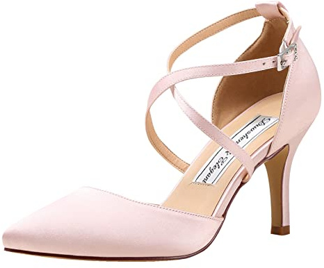 Duosheng & Elegant Women's HC1901 Pointed Toe High Heel Court Cross Strap Satin Wedding Party Bridal Shoes, Blush, 6 UK
