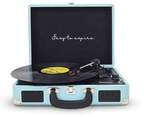 PRIXTON VC400 - Giradischi in vinile vintage, lettore di vinile e riproduttore di musica tramite Bluetooth e USB, 2 altoparlanti incorporati, design di valigetta, colore blu