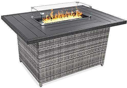 Best Choice Products 52in 50,000 BTU Outdoor Wicker Patio Propane Gas Fire Pit Table w/Aluminum Tabletop, Glass Wind Guard, Clear Glass Rocks, Cover, Slide Out Tank Holder, and Lid - Gray