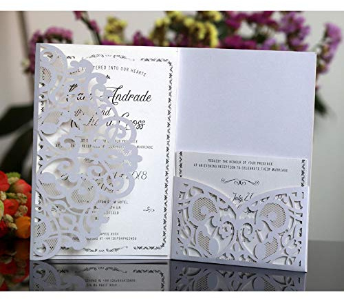 BLUGUL 10 Pezzi Matrimonio Invito, Carte di Invito a Nozze, Hollow Floral Design, con 2 Carte Vuote, Bianco