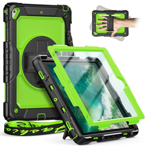 Timecity Hülle für iPad Air 2/5./ 6. Gen/Pro 9.7, 2018/2017, 9,7 Zoll | für ipad air 2 hülle mit Stoßfeste Displayschutz, 360°-drehbare-Ständer, Stifthalter, Handschlaufe, Schulterrgurt-Gelbgrün