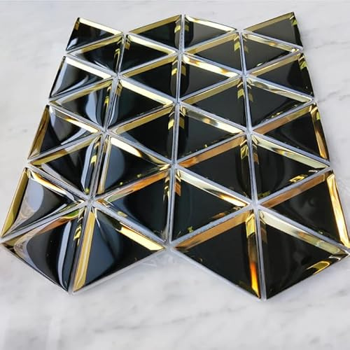 Soulscrafts Abgeschrägte Spiegelglas-Mosaikfliese, schwarz mit Gold, 7,6 cm, dreieckige Glasrückwand für Küche, Badezimmer, Wand, 5 Blatt/Box
