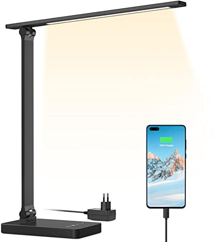 Lepro Lampada da Tavolo LED 15W, Lampada da Scrivania USB Ricaricabile, 3 Colori e 5 Livelli di Luminosità, Dimmerabile, Luce da Lettura Protezione degli Occhi per Ufficio, Camera, Nero