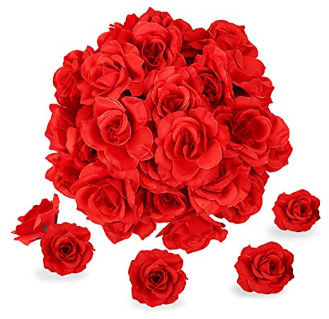 Kesote Kunstblumen 50 PCS Künstliche Blumen 6cm Blumenköpfe Rot | Kunst Blütenköpfe zum Basteln, Rosen Köpfe Deko für Hochzeit Party Handwerk Geburtstag Scrapbooking DIY Flowers
