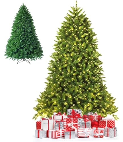 TANGZON 5FT/6FT Pre-lit Christmas Tree, Artificial Xmas Trees with 8 Lighting Modes, 450/650 LED Lights, 600/1250 PVC Tips & Metal Base, Indoor Holiday Decoration Tree, Green (6FT/180CM)